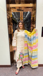 Parrot Linen Cotton Hand Paint Unstitched Suit