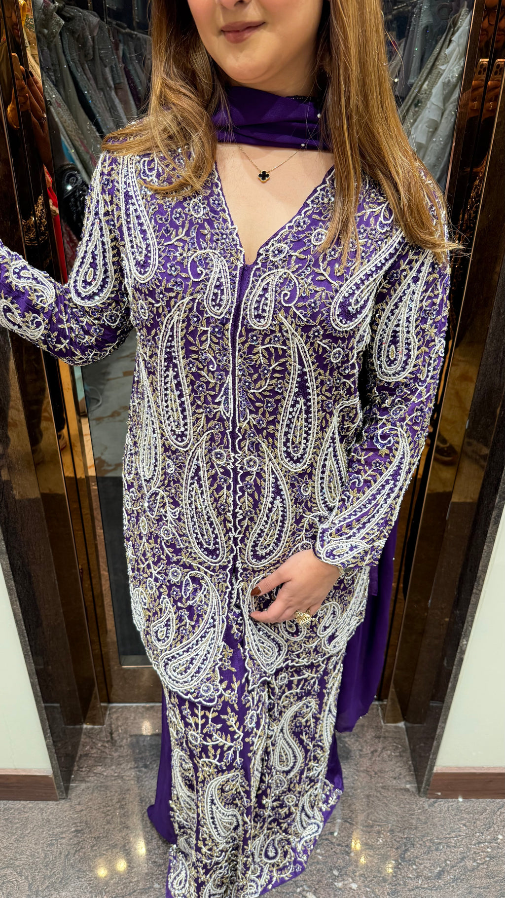 Handwork Chinon Suit With Pearlwork & Katdana Detailing
