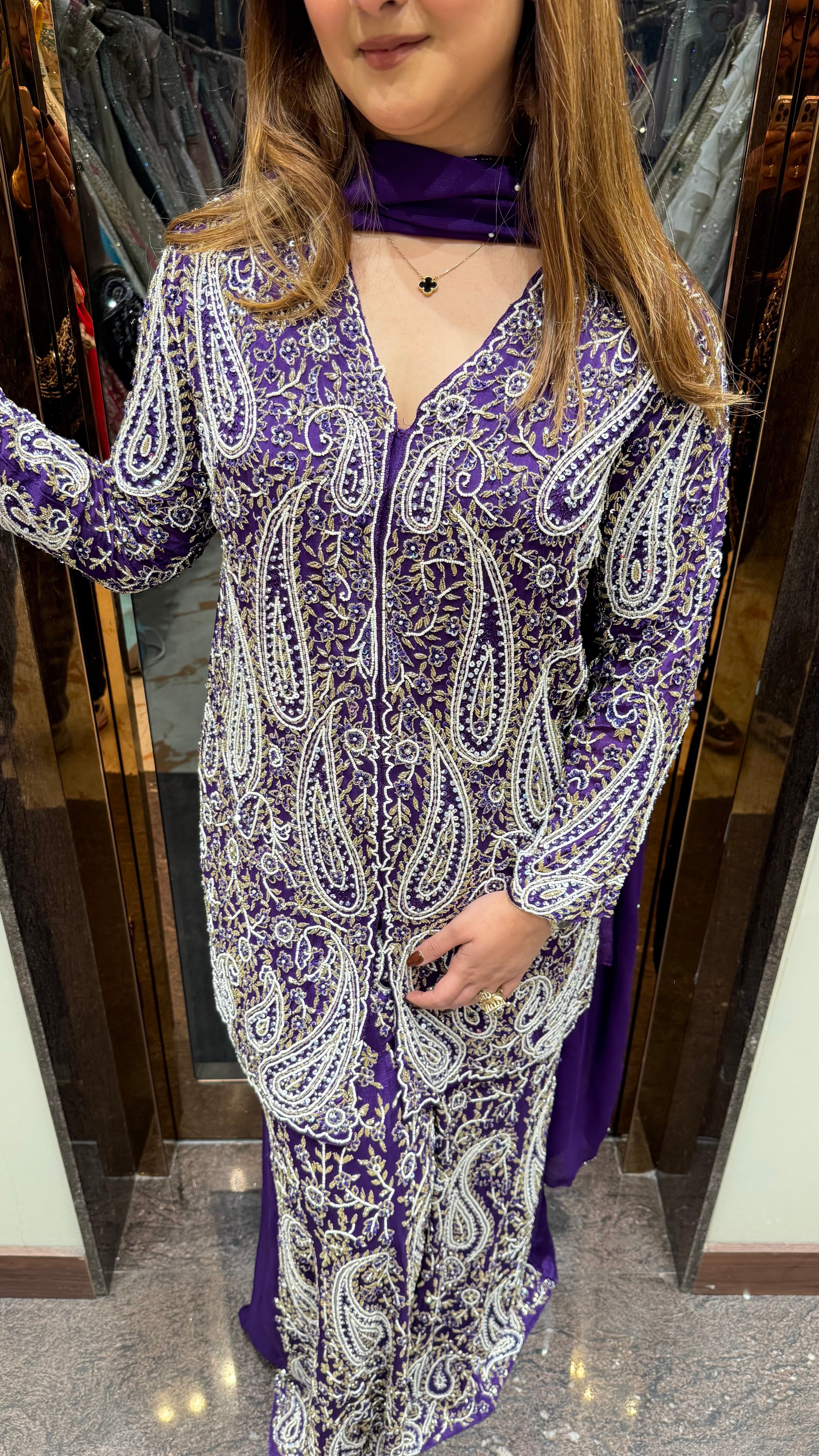 Handwork Chinon Suit With Pearlwork & Katdana Detailing