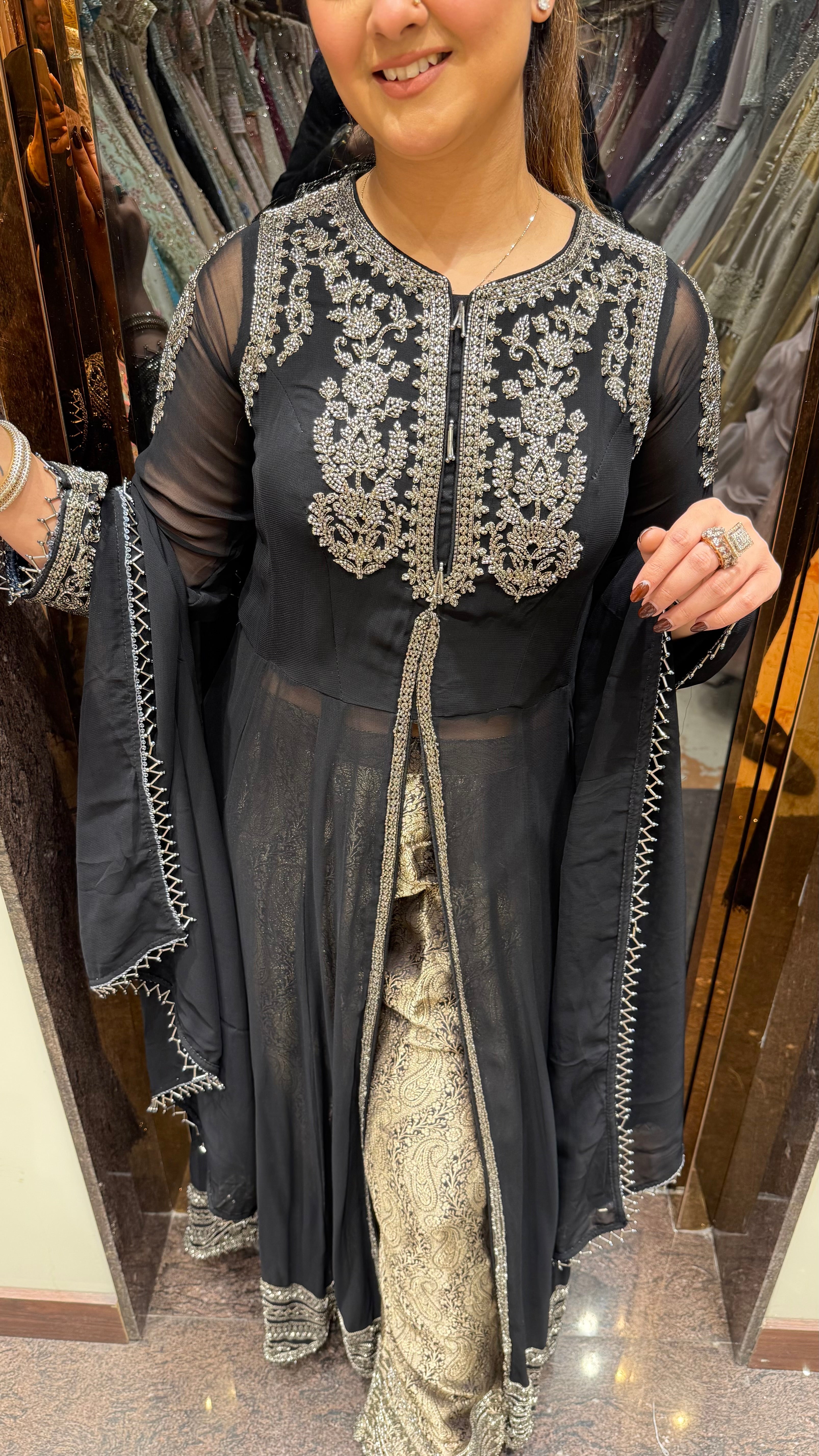 Front cut anarkali with brocade pants