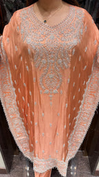 Coral peach kaftan set with dori work