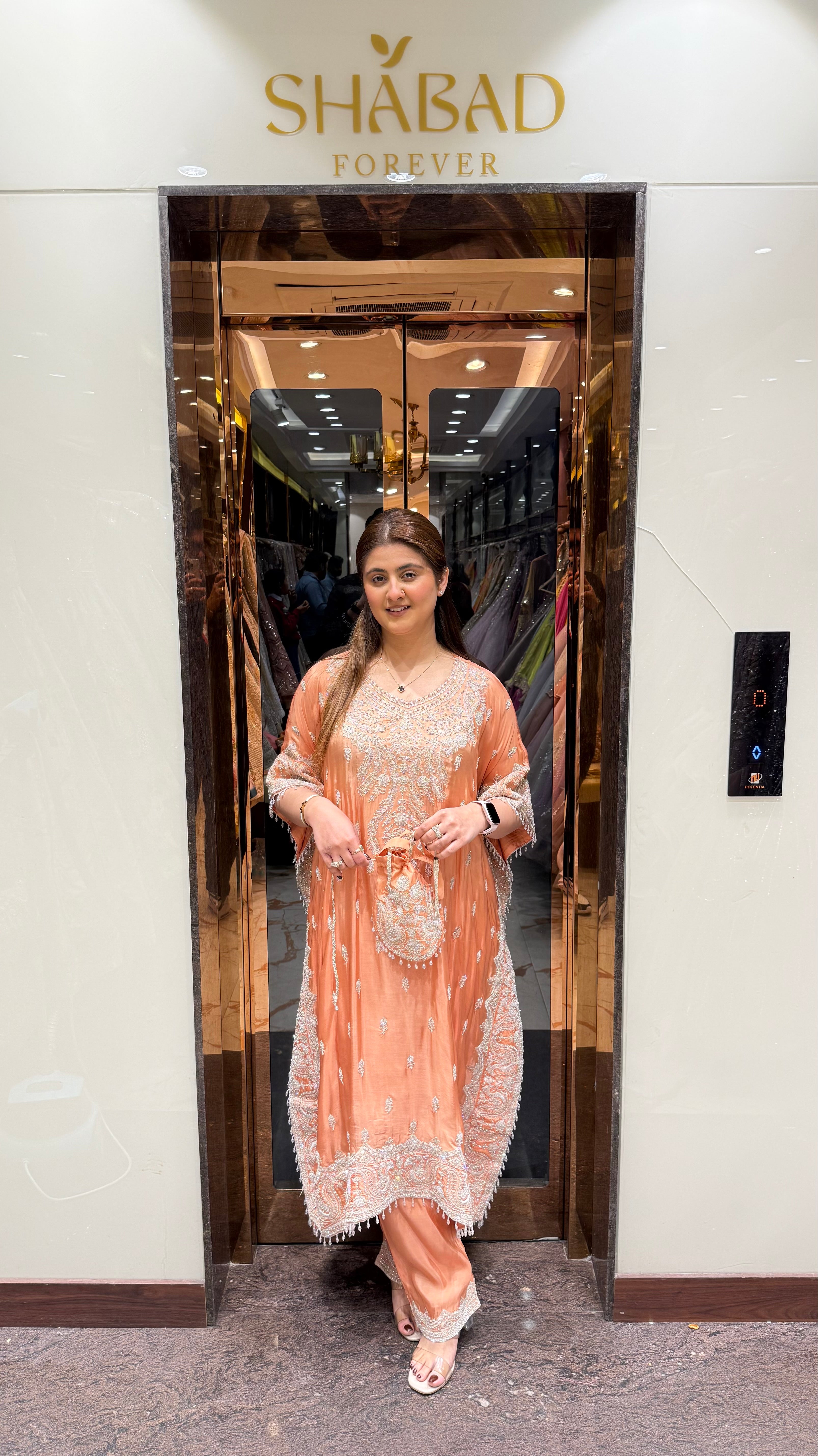 Coral peach kaftan set with dori work