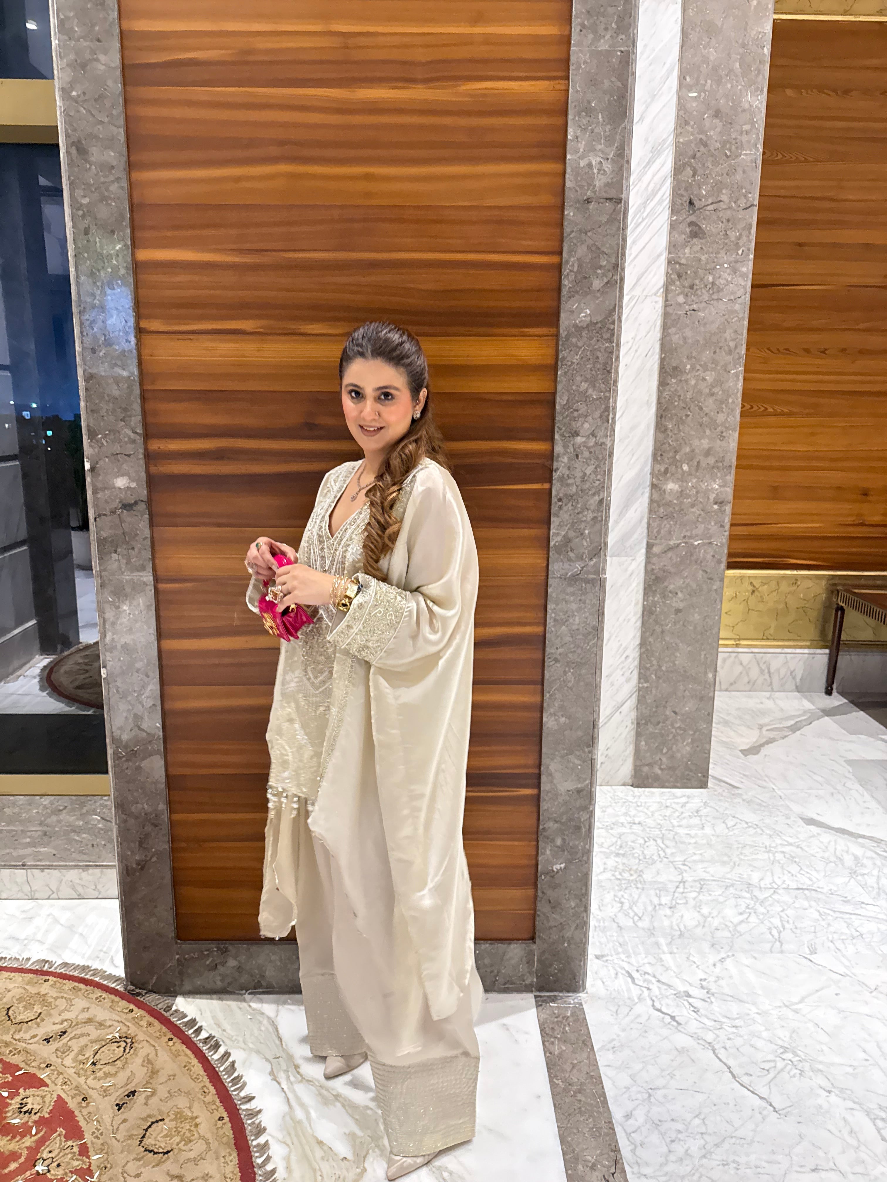Ivory handwork short kaftan with farshi salwar