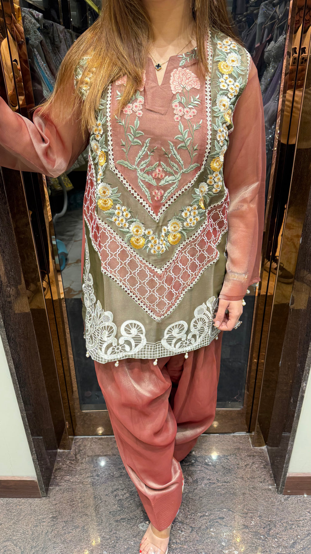 Designer floral organza coordset with farshi salwar