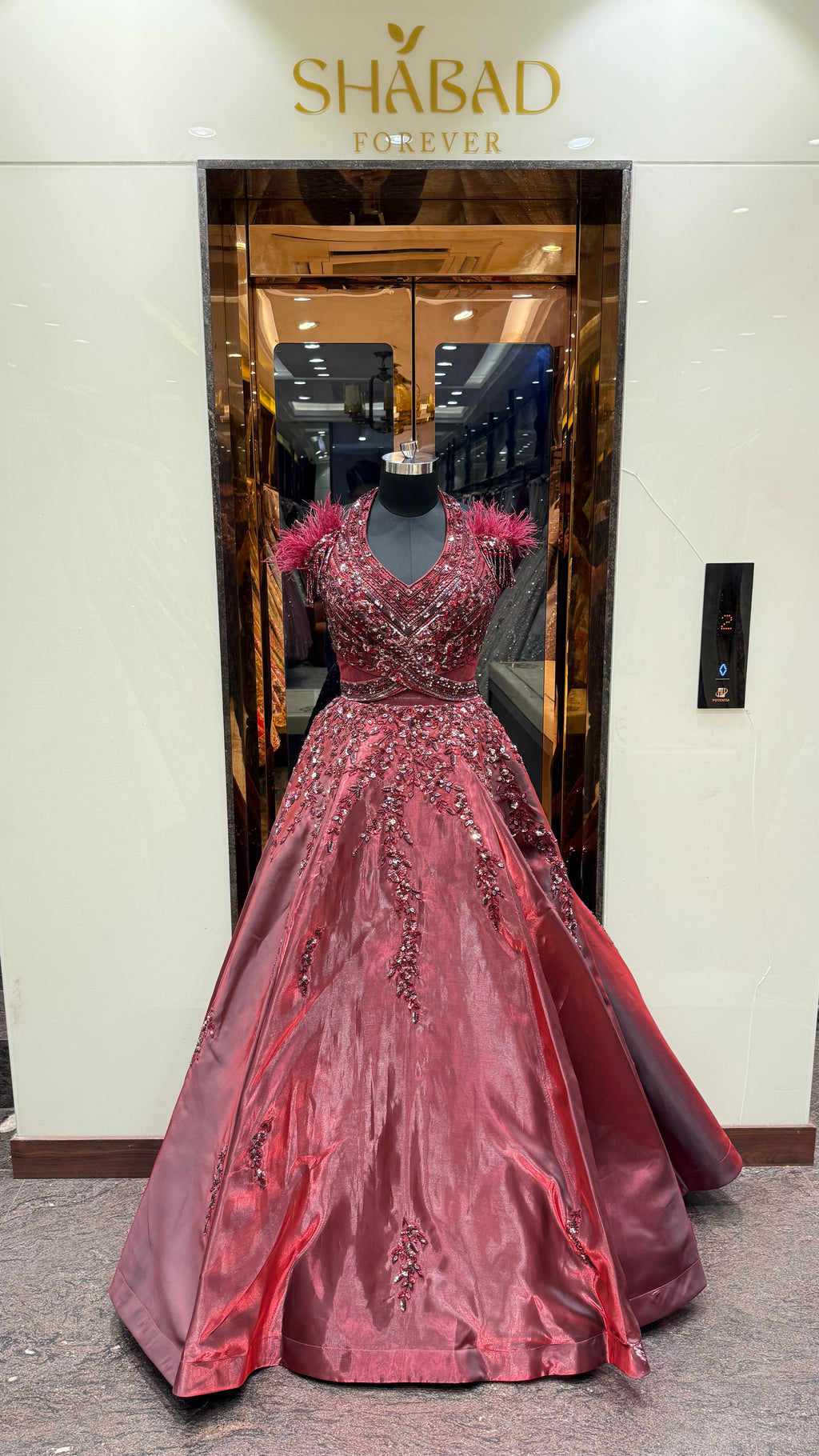 RUBY FEATHER EMBELLISHED GOWN