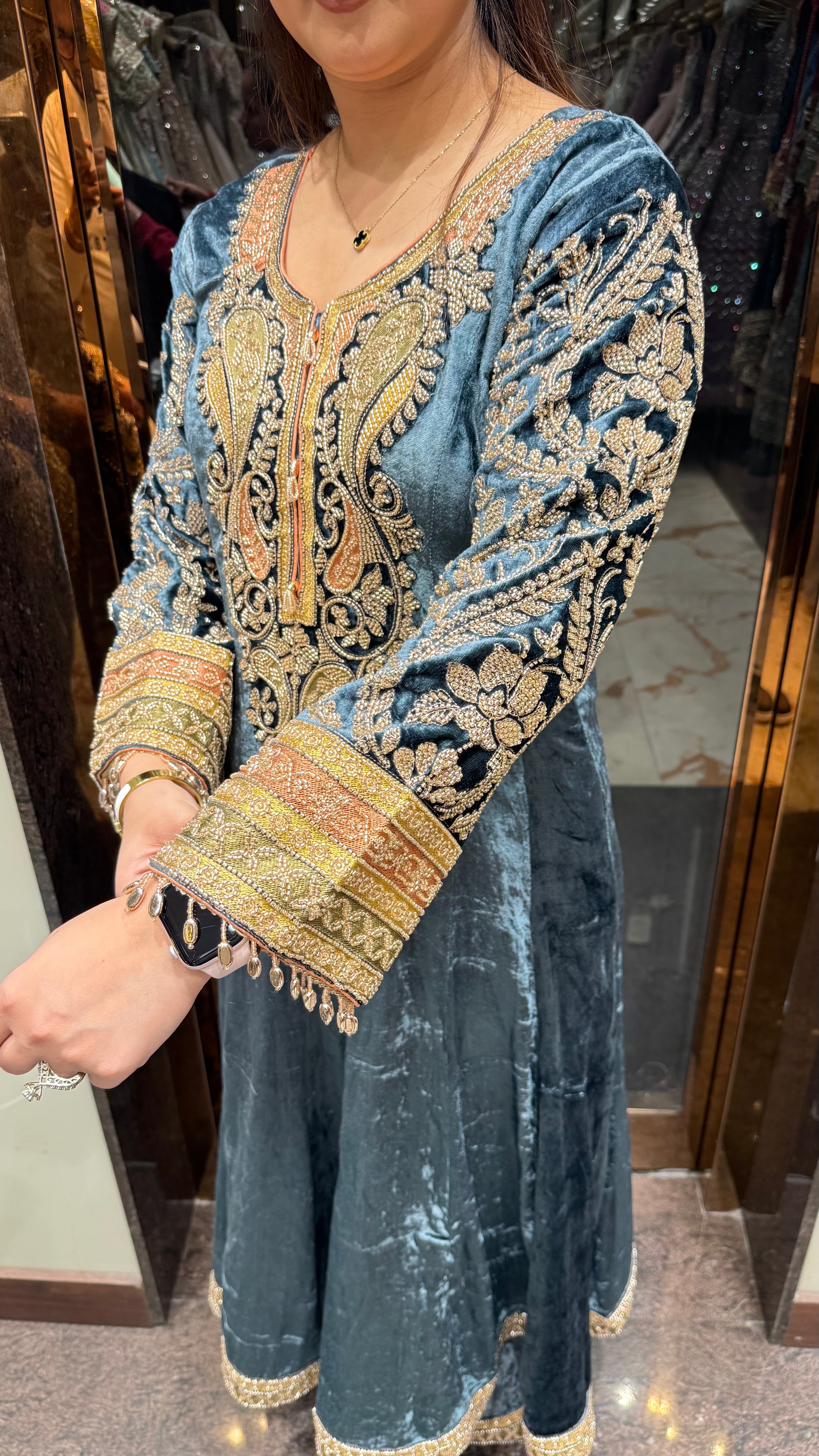 Velvet heavy sleeve embroidered anarkali