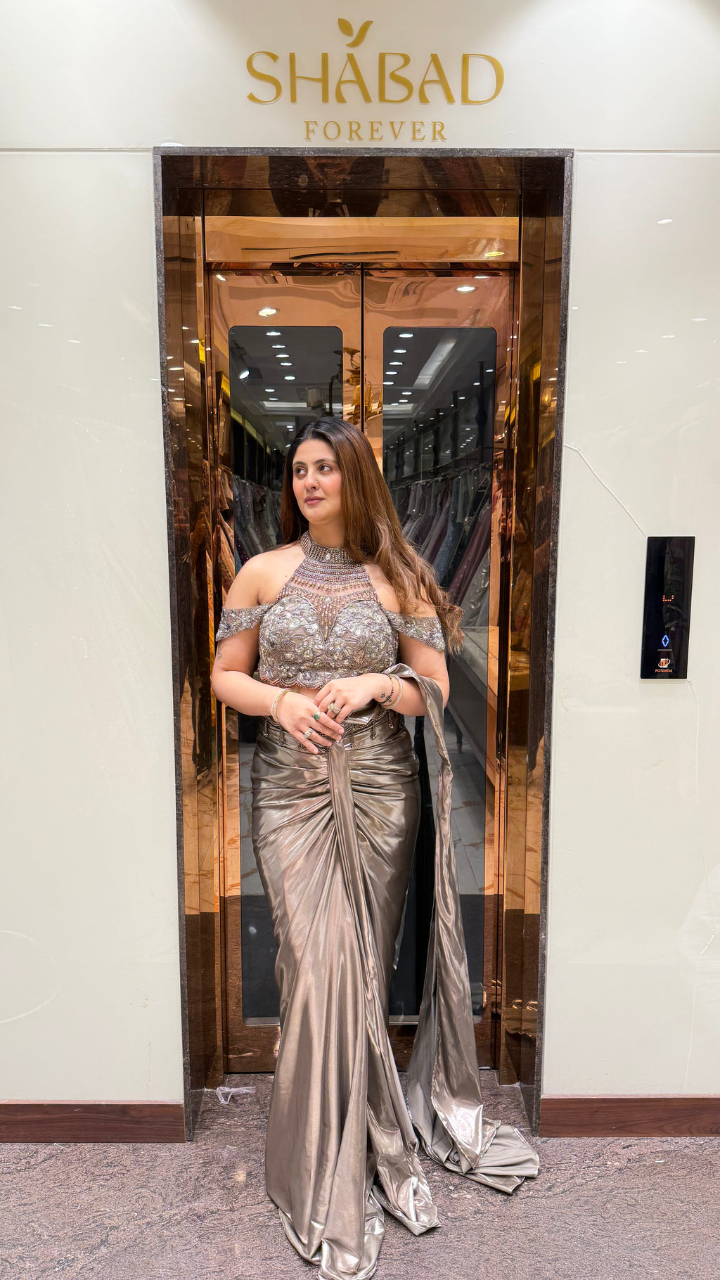 Grey Cold Shoulder Metallic Drape Saree