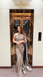 Grey Cold Shoulder Metallic Drape Saree