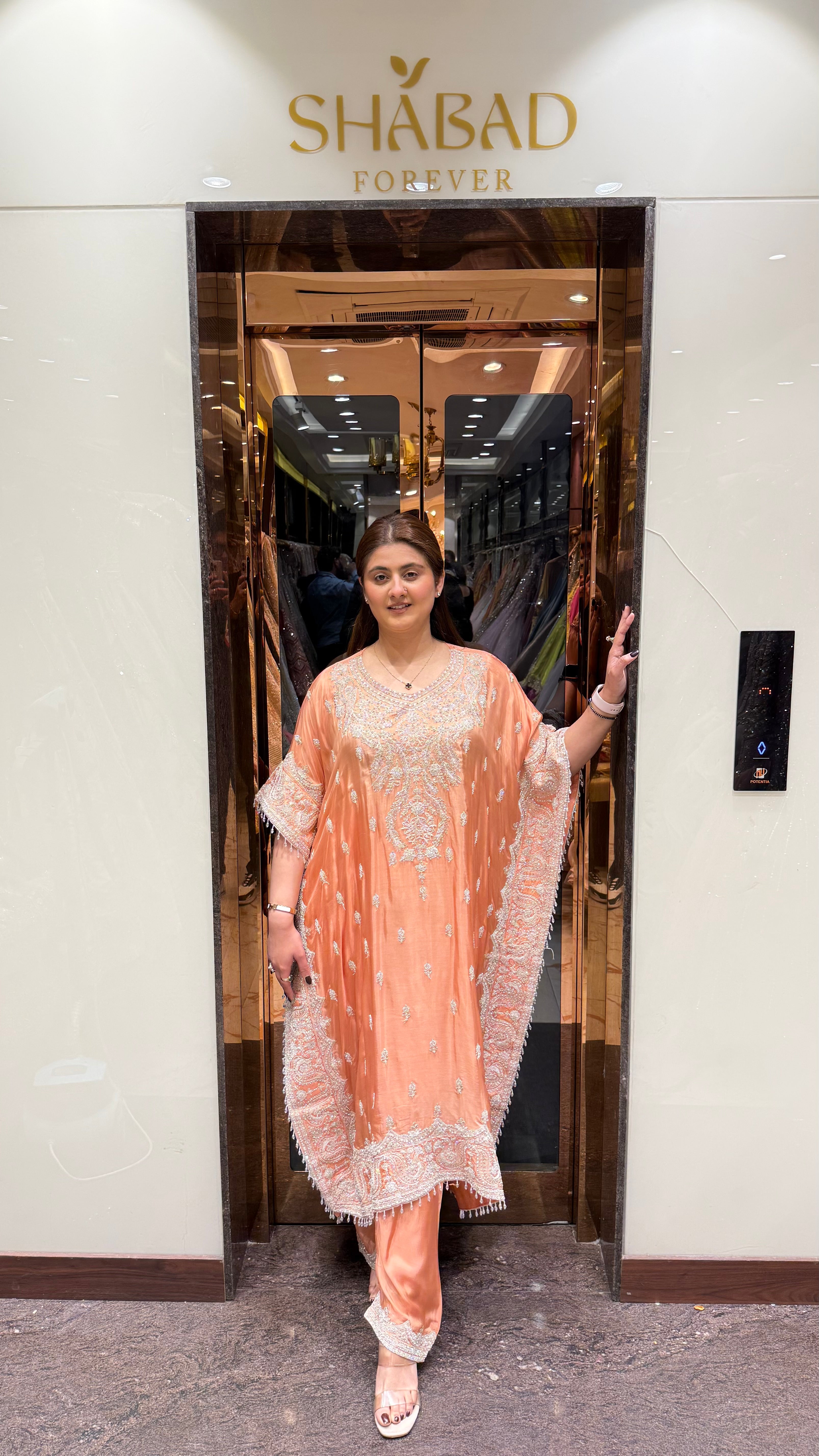 Coral peach kaftan set with dori work