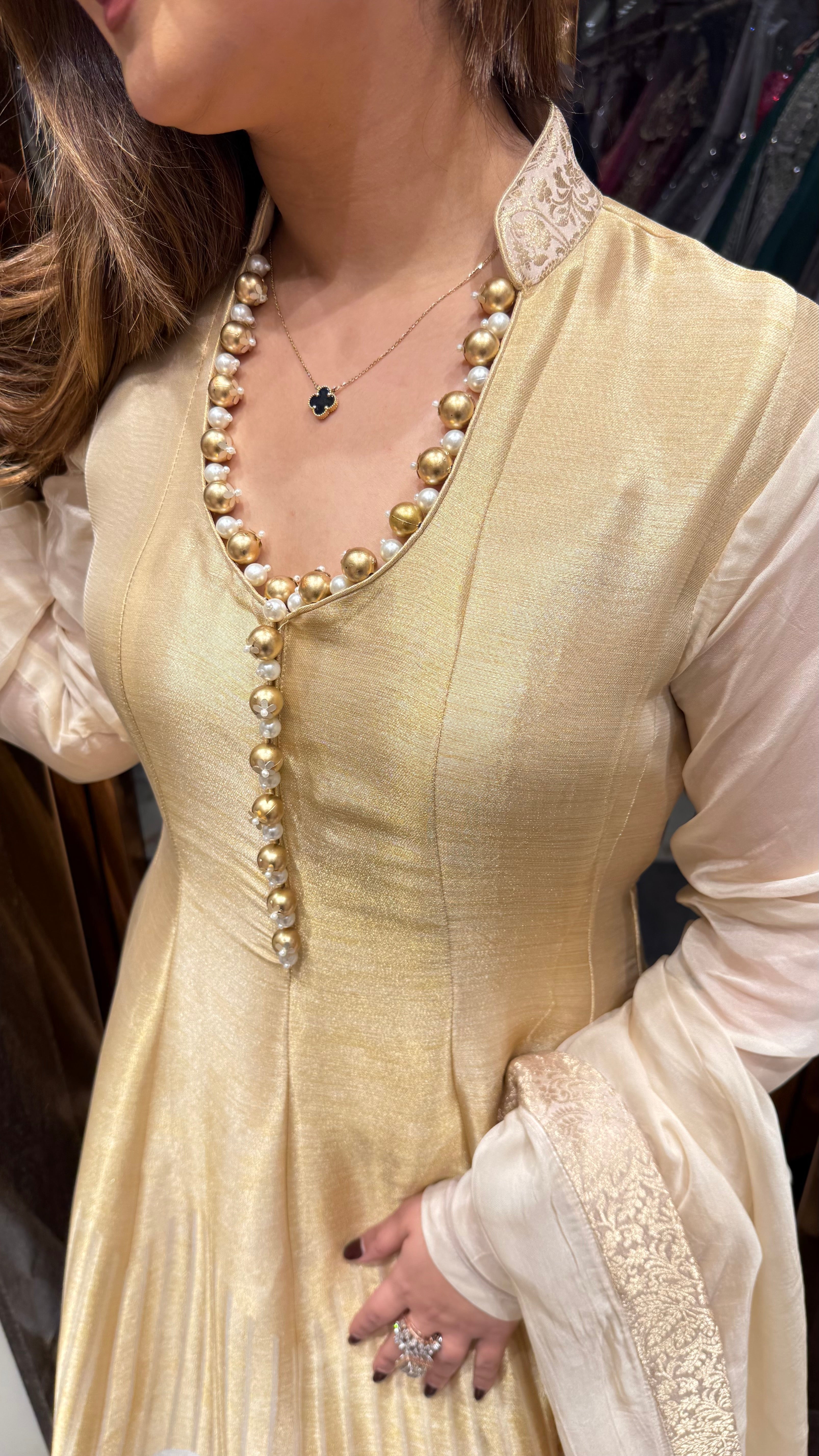 Gold ivory pearl brocade anarkali