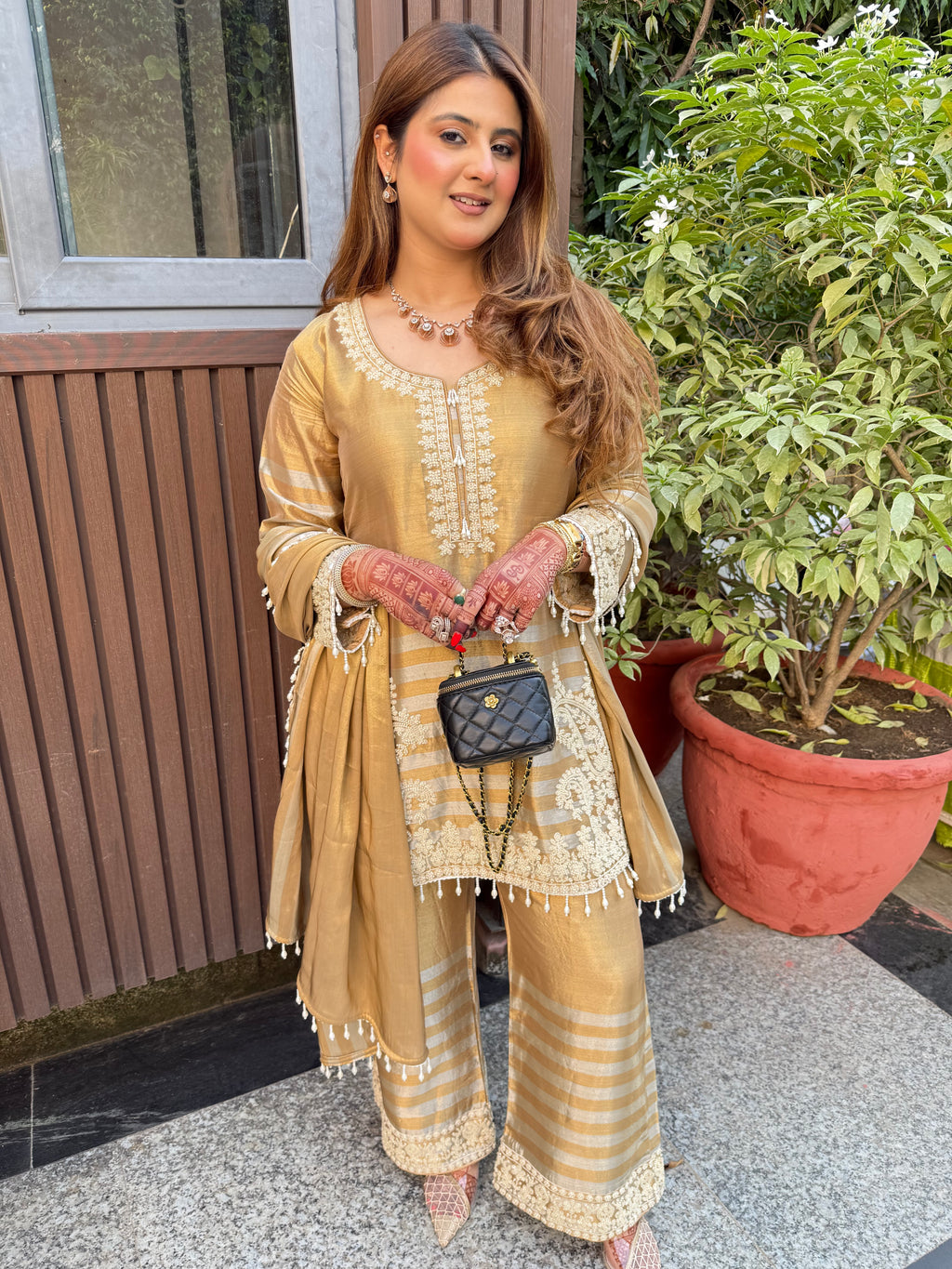 Gold Dual Shade Pearl Hand Embroidered Suit