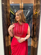 Red cut sleeve handwork blouse with georgette drape saree