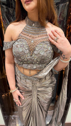 Grey Cold Shoulder Metallic Drape Saree
