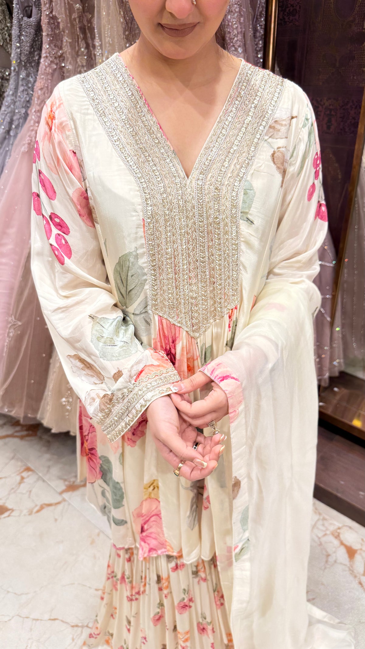 NOYA FLORAL PRINT PEPLUM SHIRT & GHARARA SUIT
