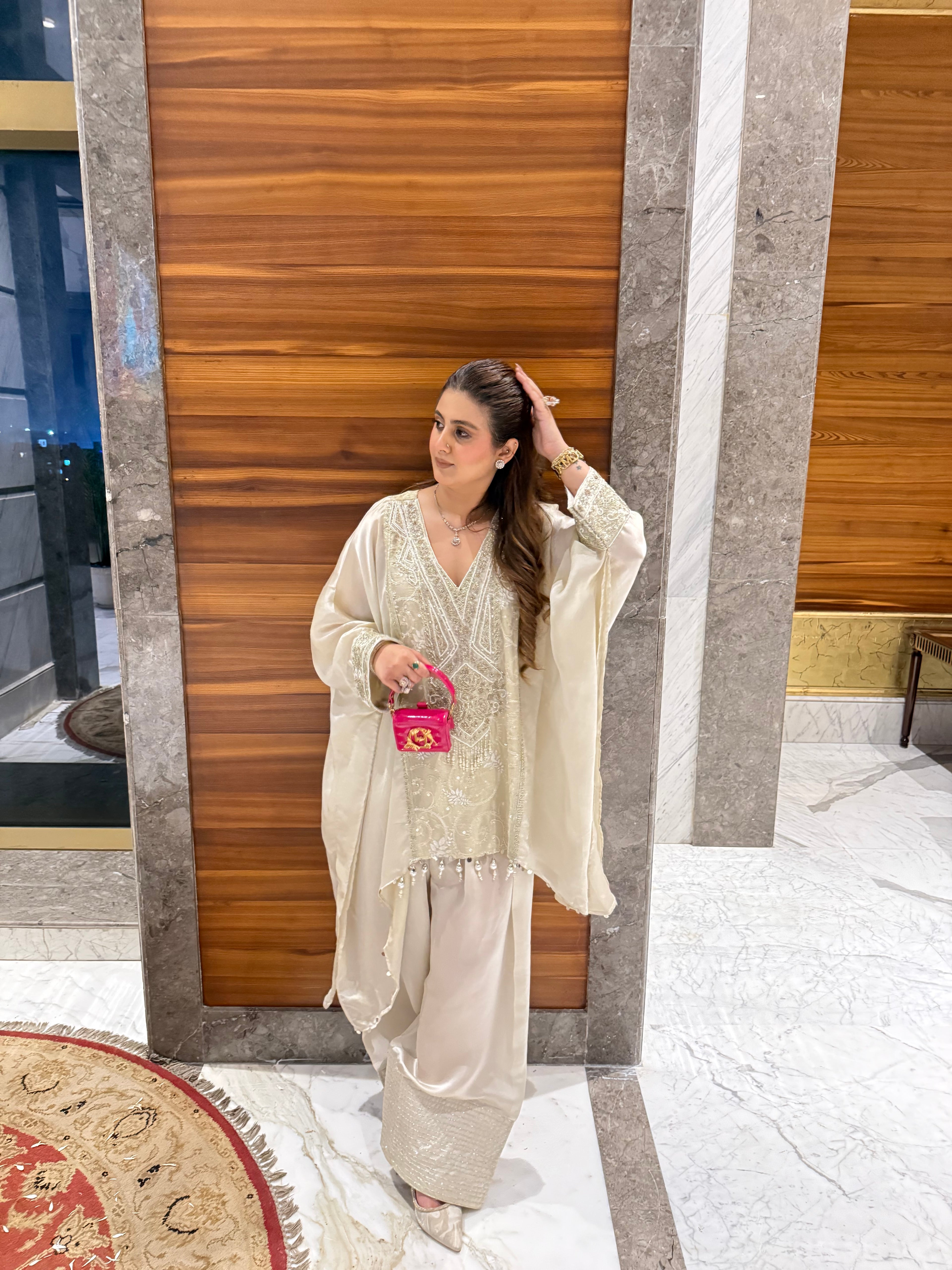 Ivory handwork short kaftan with farshi salwar