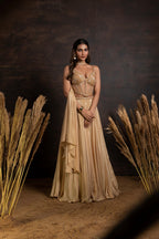 Golden handwork corset with satin crepe lehenga and choker duppatta