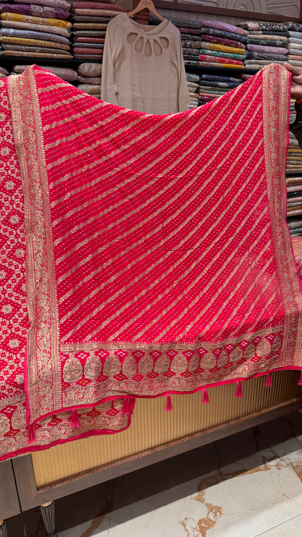 PURE BANARSI BANDHEJ KHADDI GEORGETTE UNSTITCHED SUIT