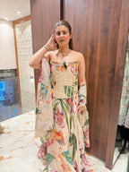 Beige printed corset lehenga