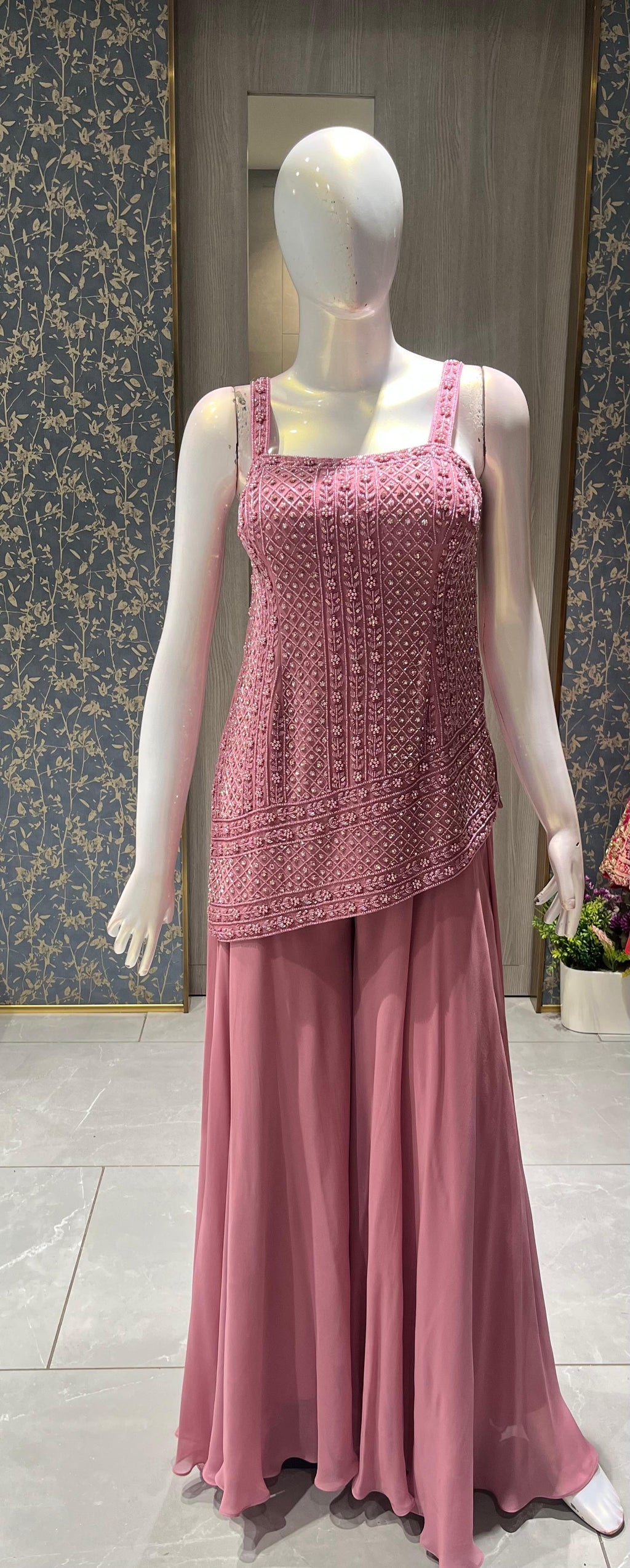 Diagonal Cut Hand Work Shirt With Sharara & Choker Duppatta