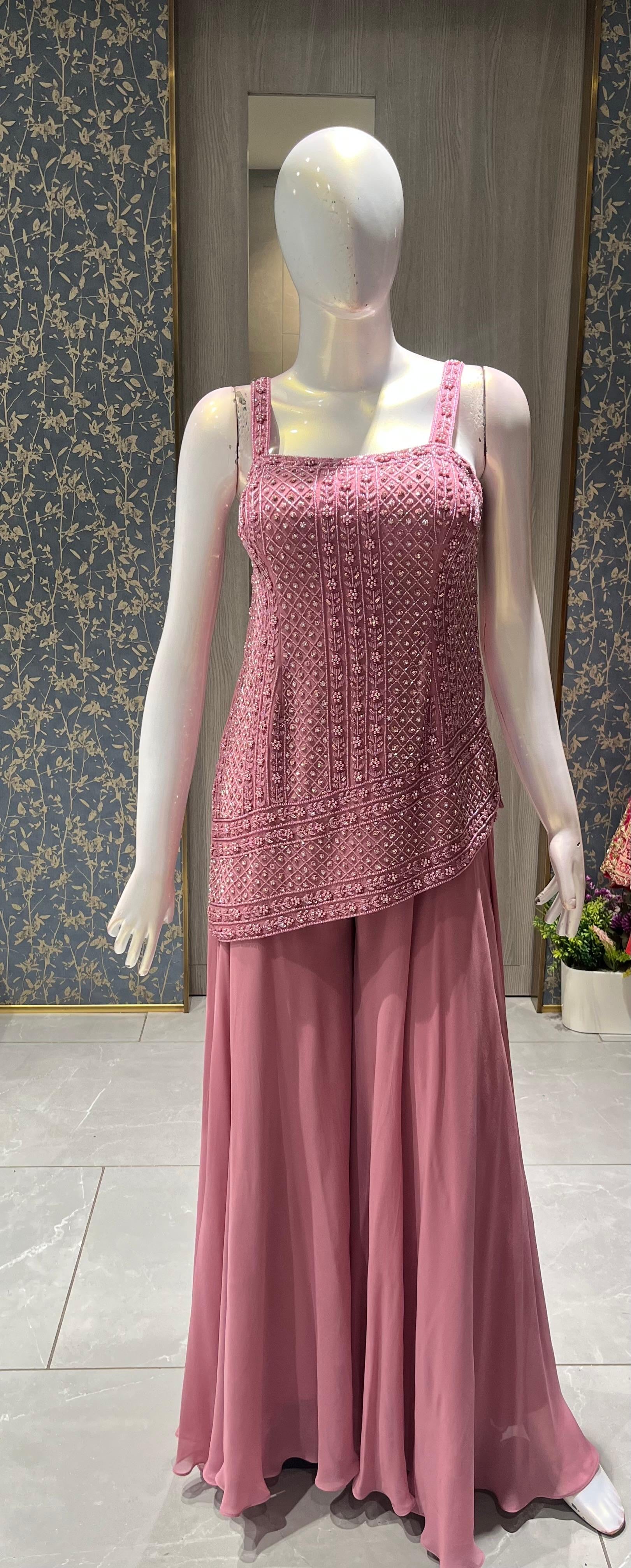 Diagonal Cut Hand Work Shirt With Sharara & Choker Duppatta