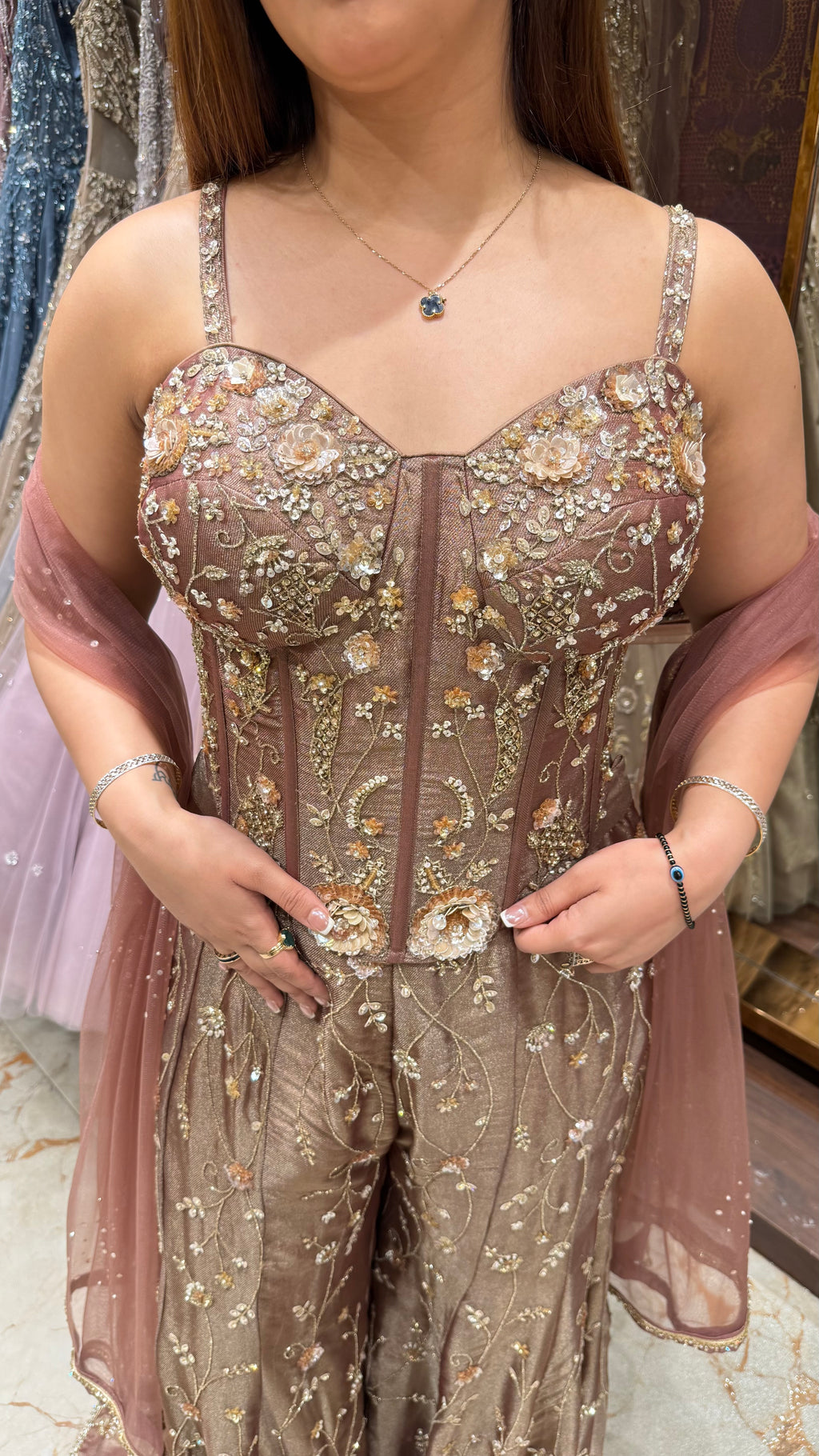 Mehrwan Dusty Rose Corset Sharara Set