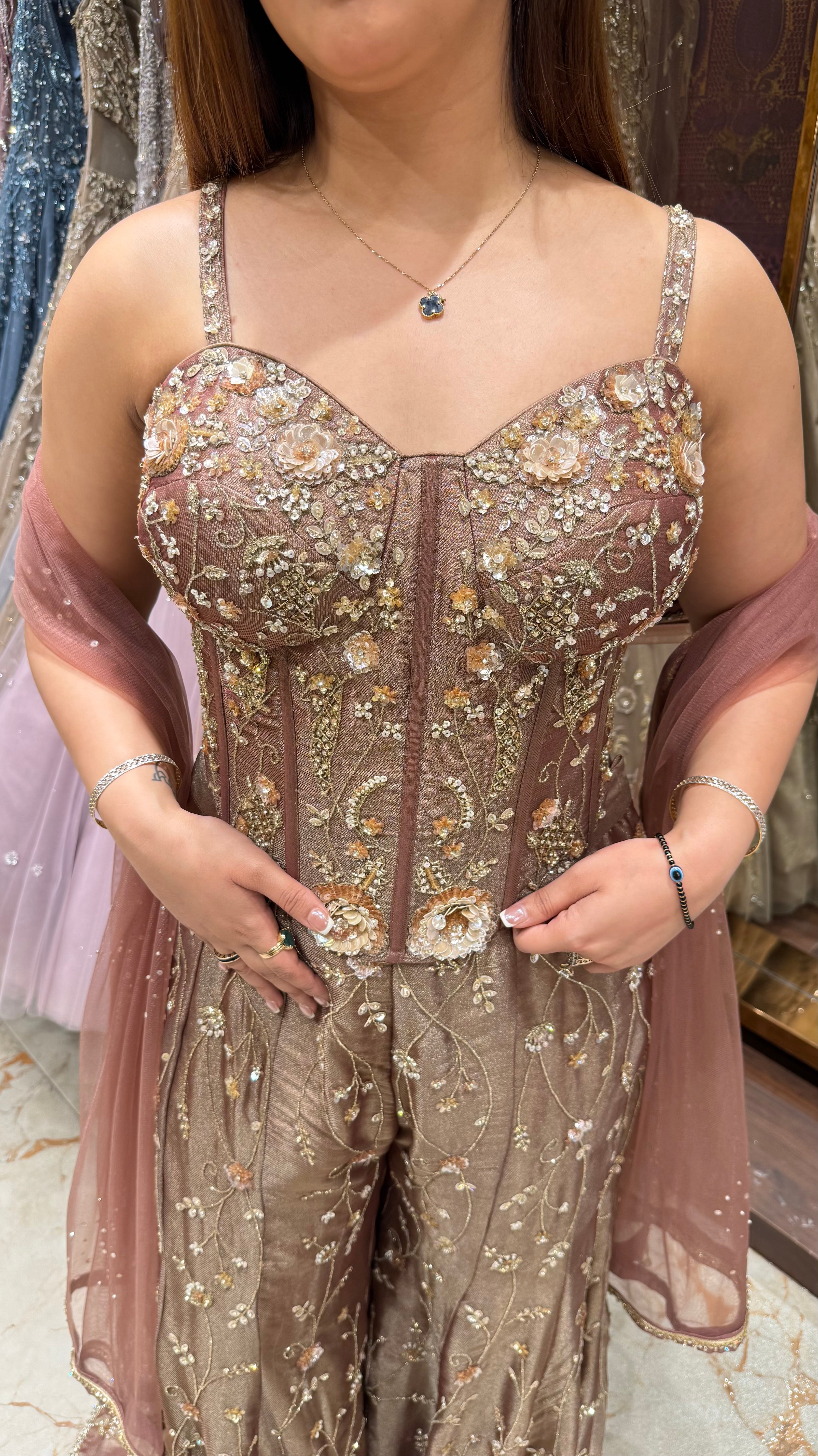 Mehrwan Dusty Rose Corset Sharara Set