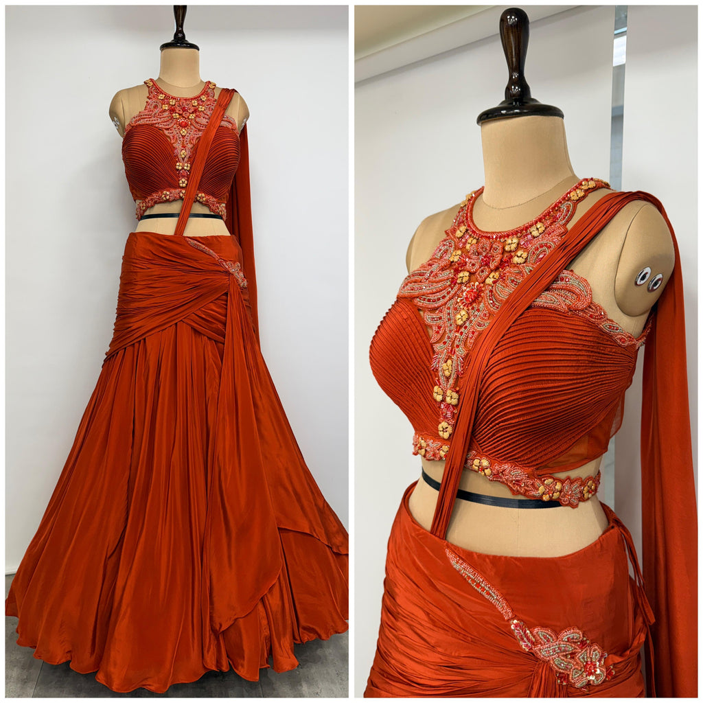 Chaarvi Rust Drape Saree