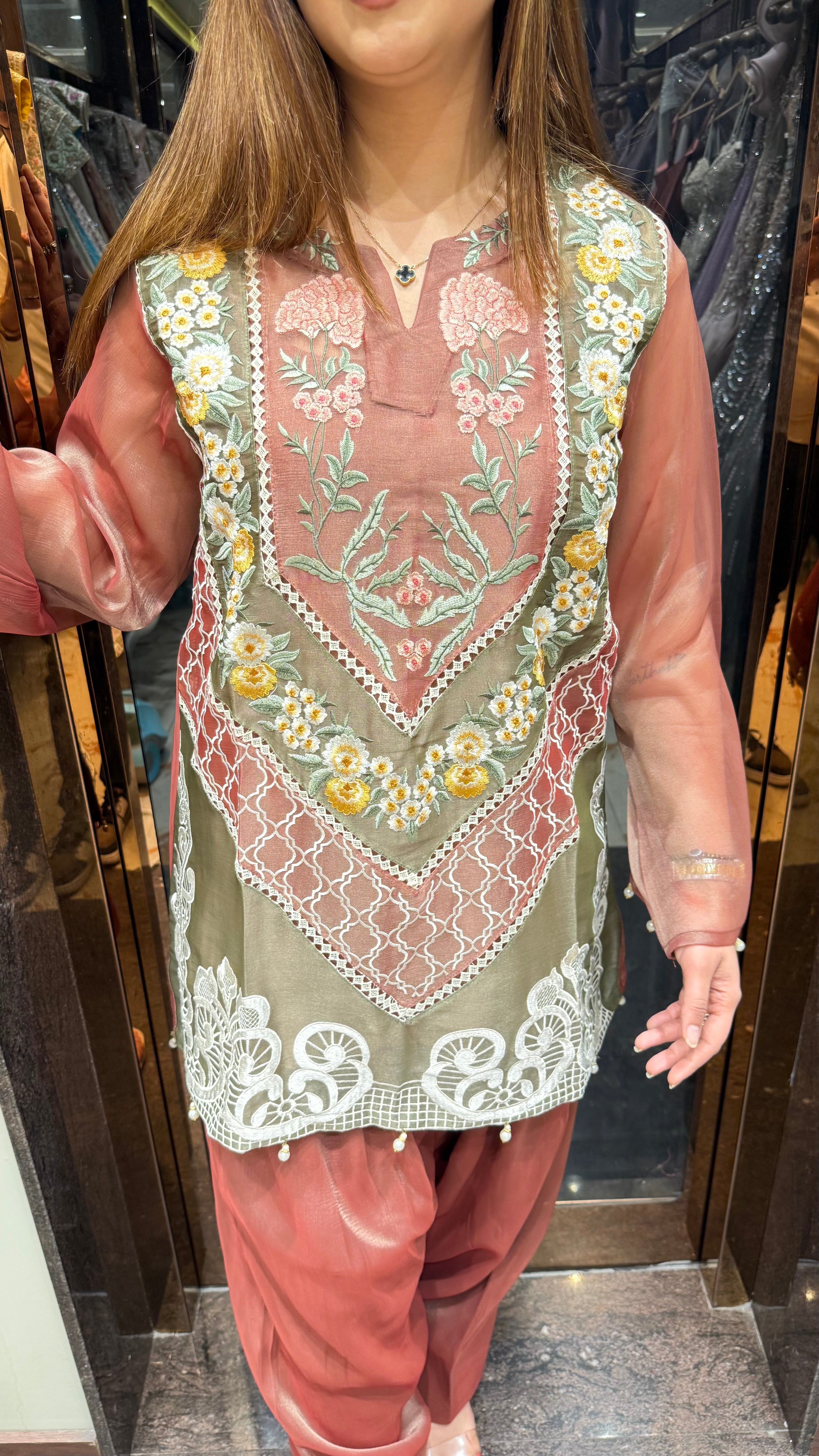 Designer floral organza coordset with farshi salwar