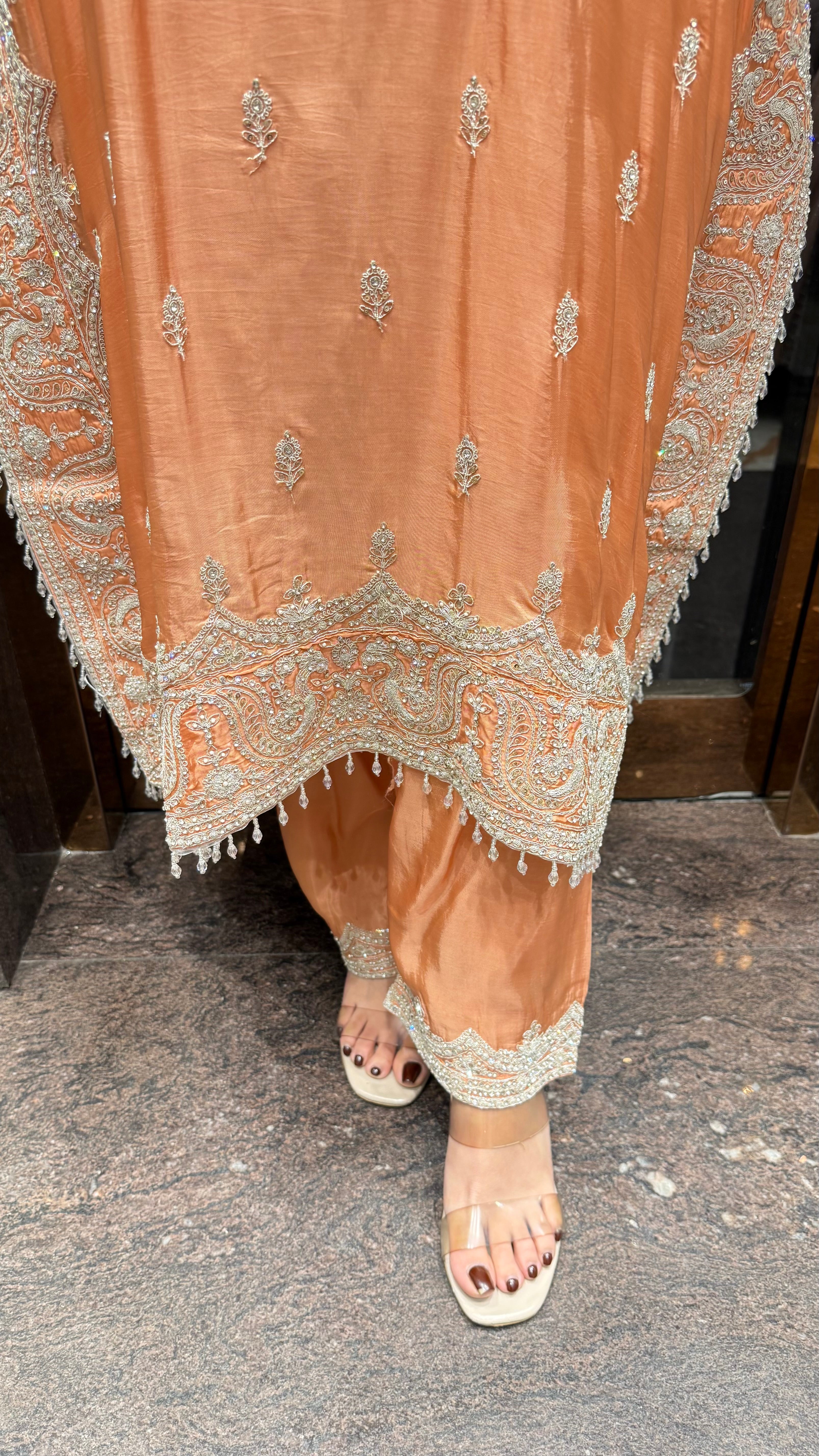 Coral peach kaftan set with dori work