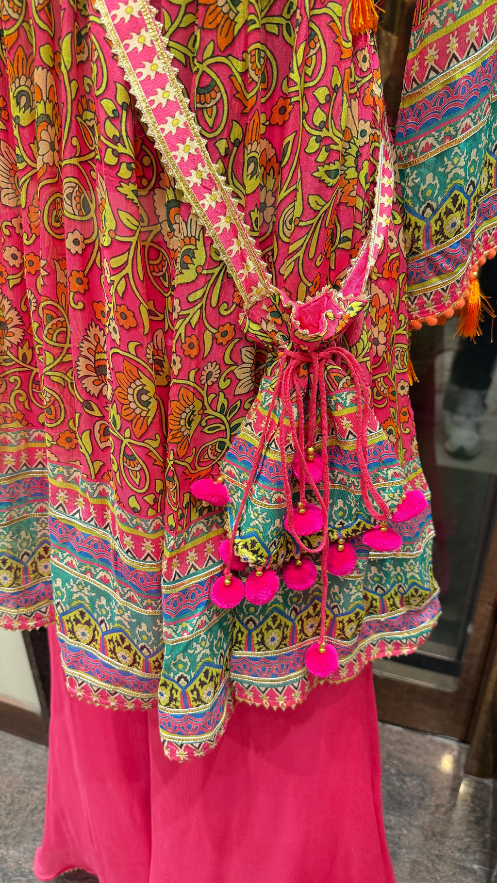 PRINTED PEPLUM KURTA WITH GHARARA & POTLI BAG