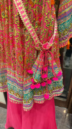 PRINTED PEPLUM KURTA WITH GHARARA & POTLI BAG