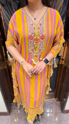 Yellow & Purple mirror work kaftan set with tulip pants