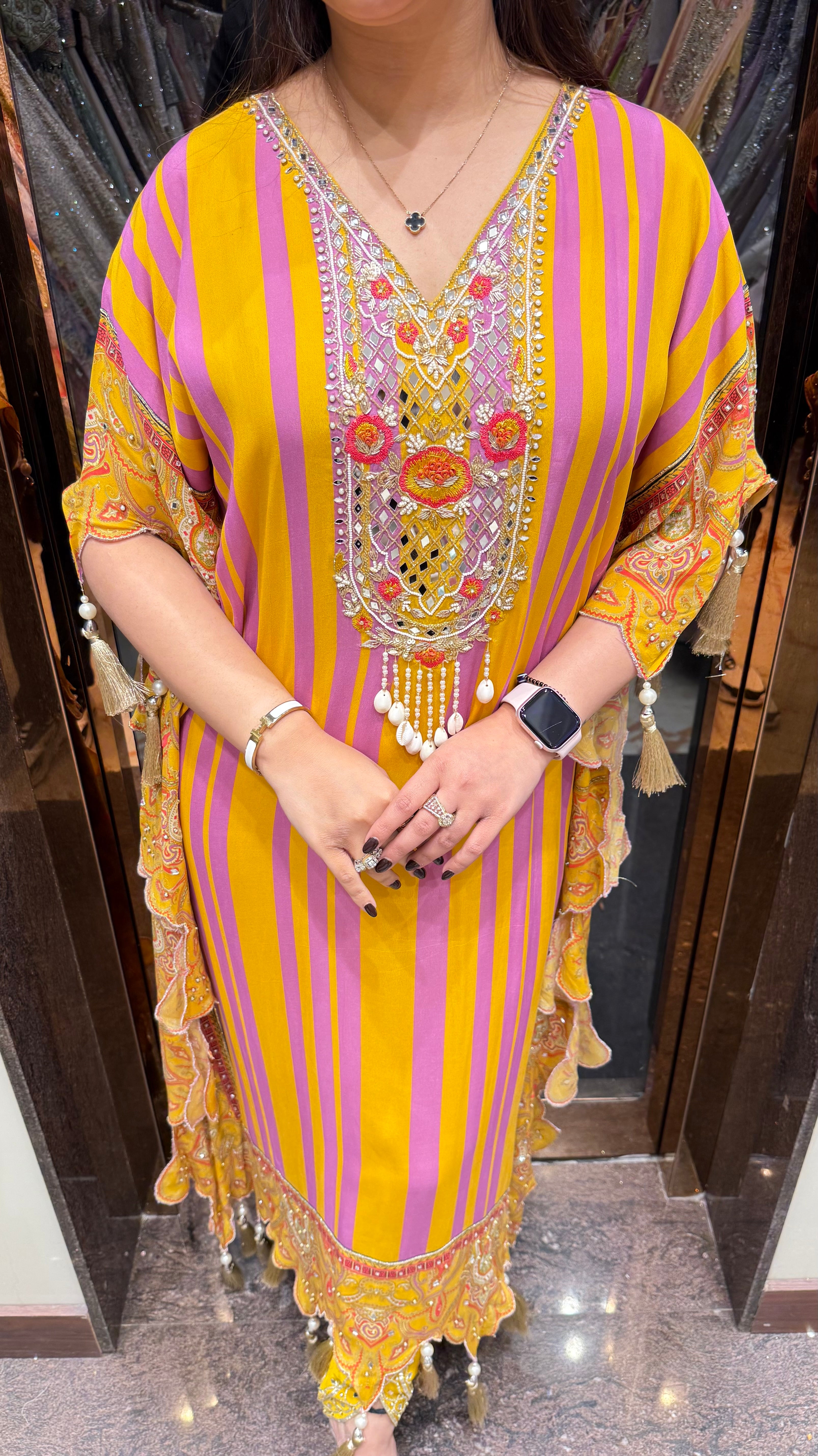 Yellow & Purple mirror work kaftan set with tulip pants