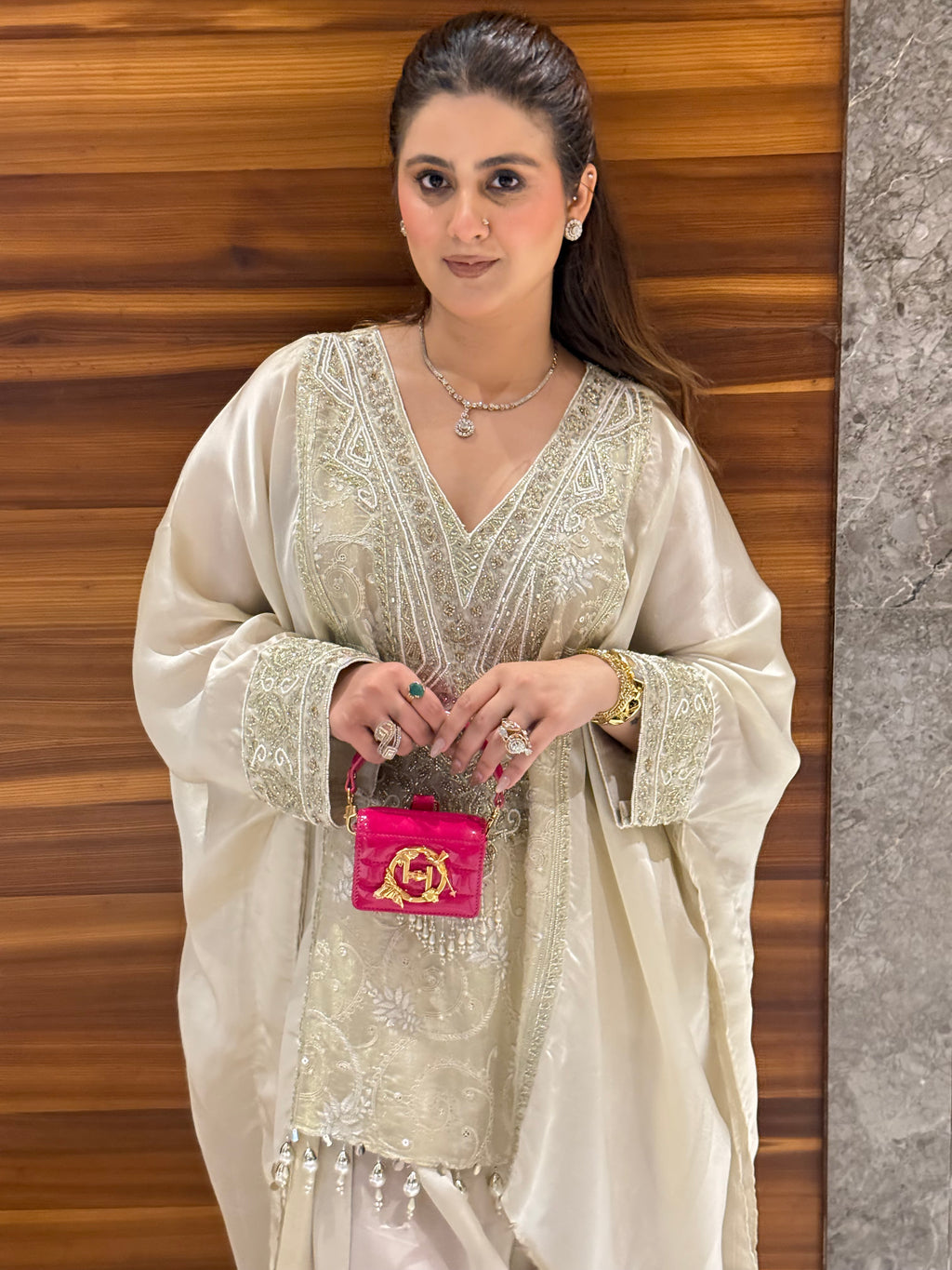 Ivory handwork short kaftan with farshi salwar