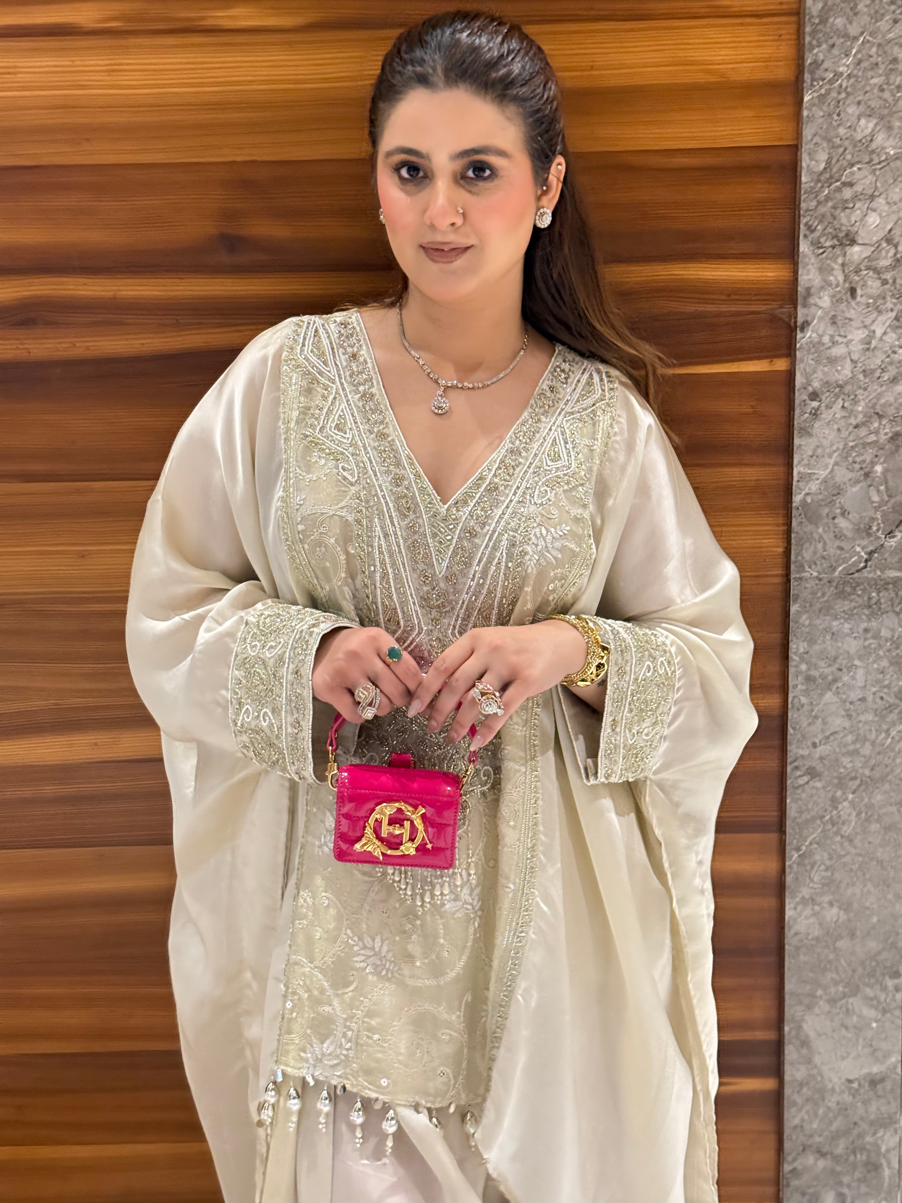 Ivory handwork short kaftan with farshi salwar