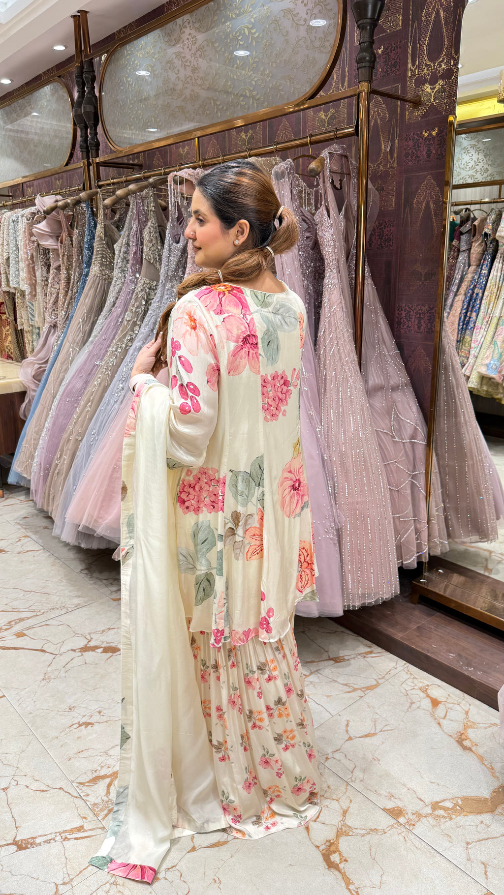 NOYA FLORAL PRINT PEPLUM SHIRT & GHARARA SUIT