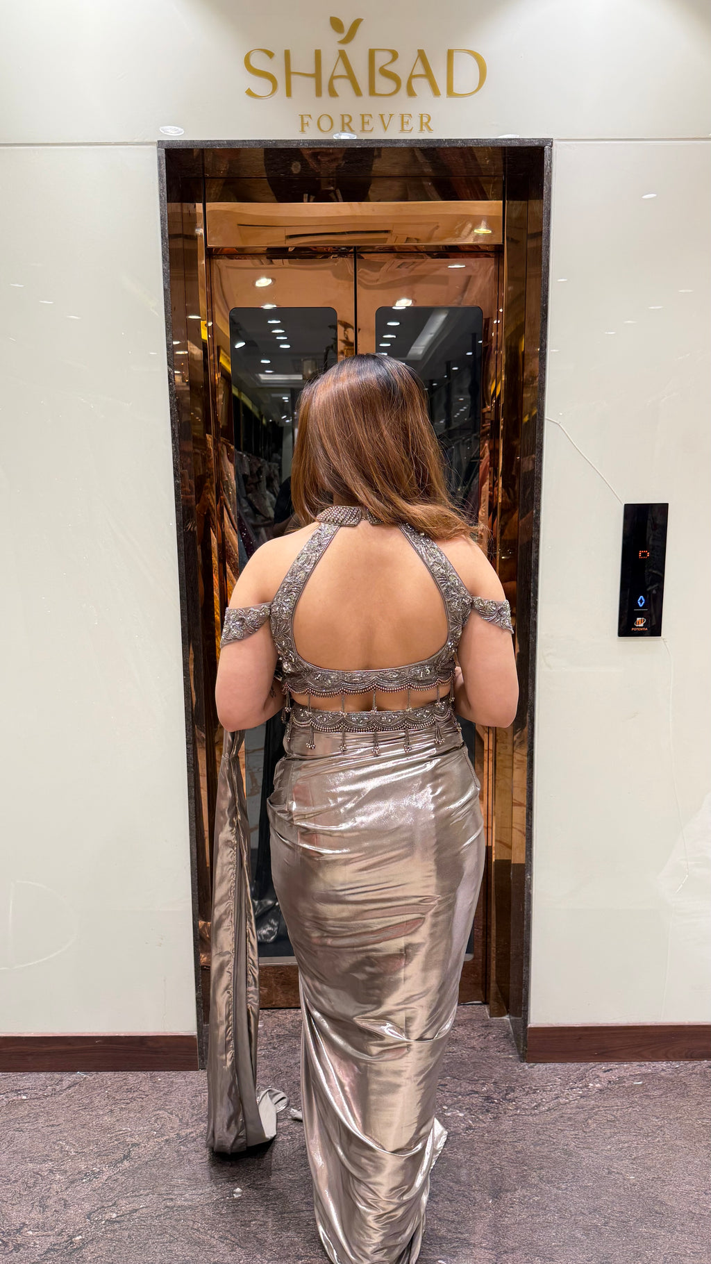 Grey Cold Shoulder Metallic Drape Saree