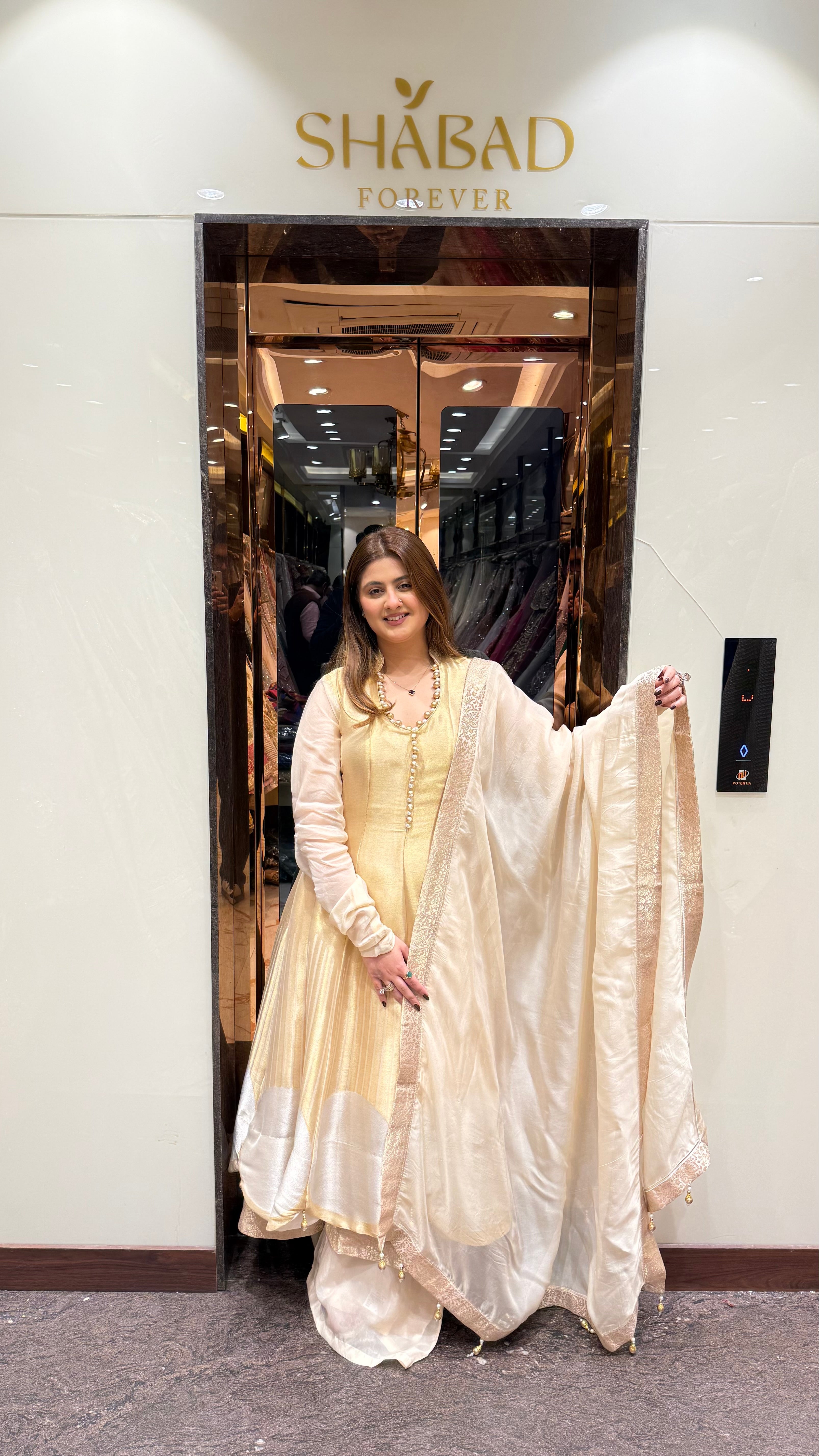 Gold ivory pearl brocade anarkali