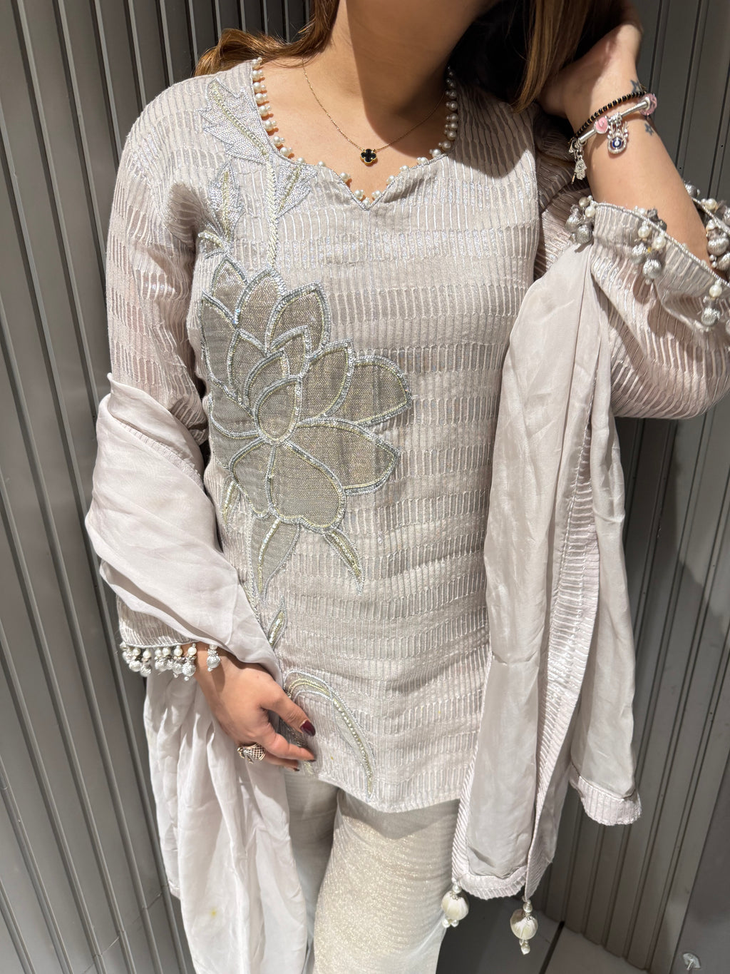 Silver Shimmer Short Shirt Suit Set with Handwork Patch