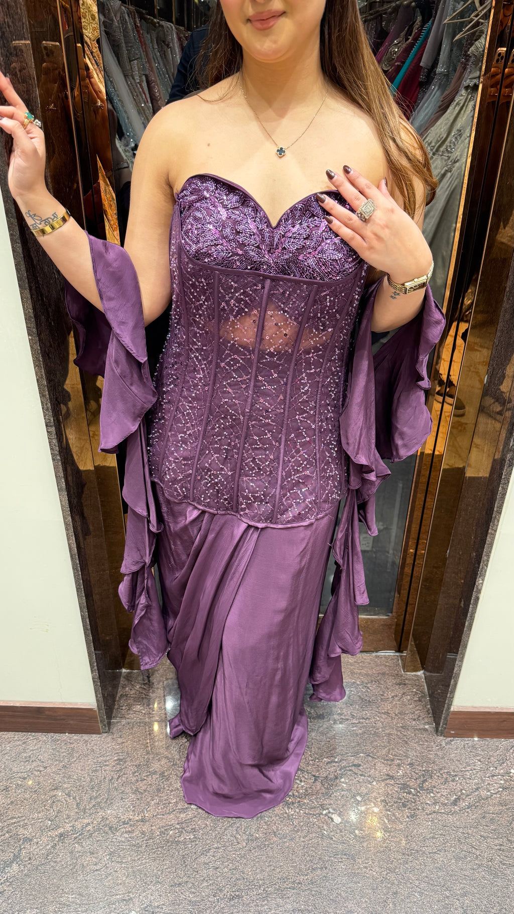 Purple Indowestern Long Corset Dress with Ruffle Duppatta