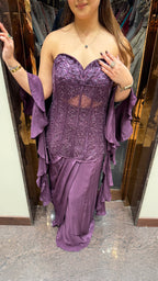 Purple Indowestern Long Corset Dress with Ruffle Duppatta