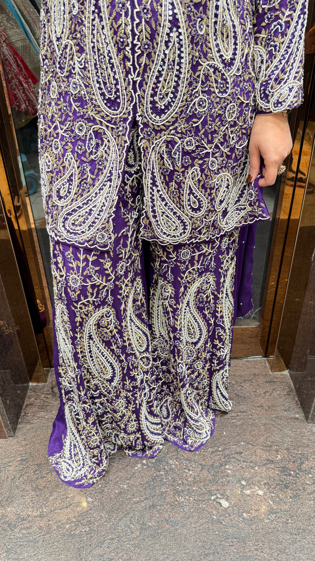 Handwork Chinon Suit With Pearlwork & Katdana Detailing