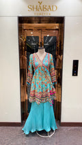PRINTED PEPLUM KURTA WITH GHARARA & POTLI BAG