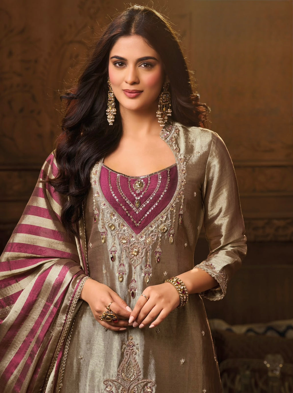 PLUM TISSUE SHARARA SUIT