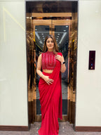 Red cut sleeve handwork blouse with georgette drape saree