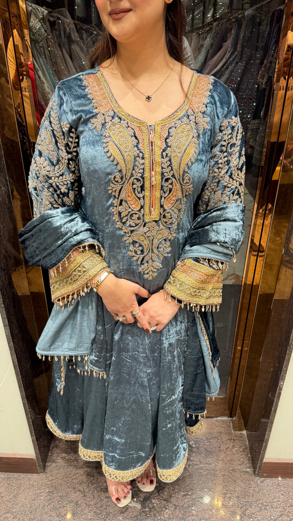 Velvet heavy sleeve embroidered anarkali