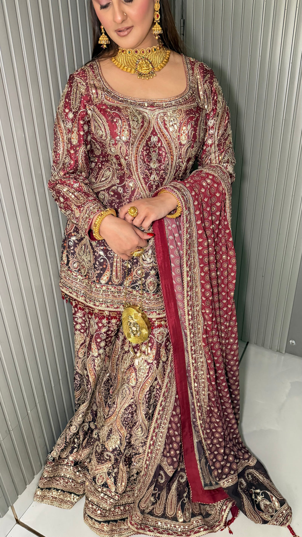 JODHA- WINE HERITAGE PAISLEY SHARARA SUIT