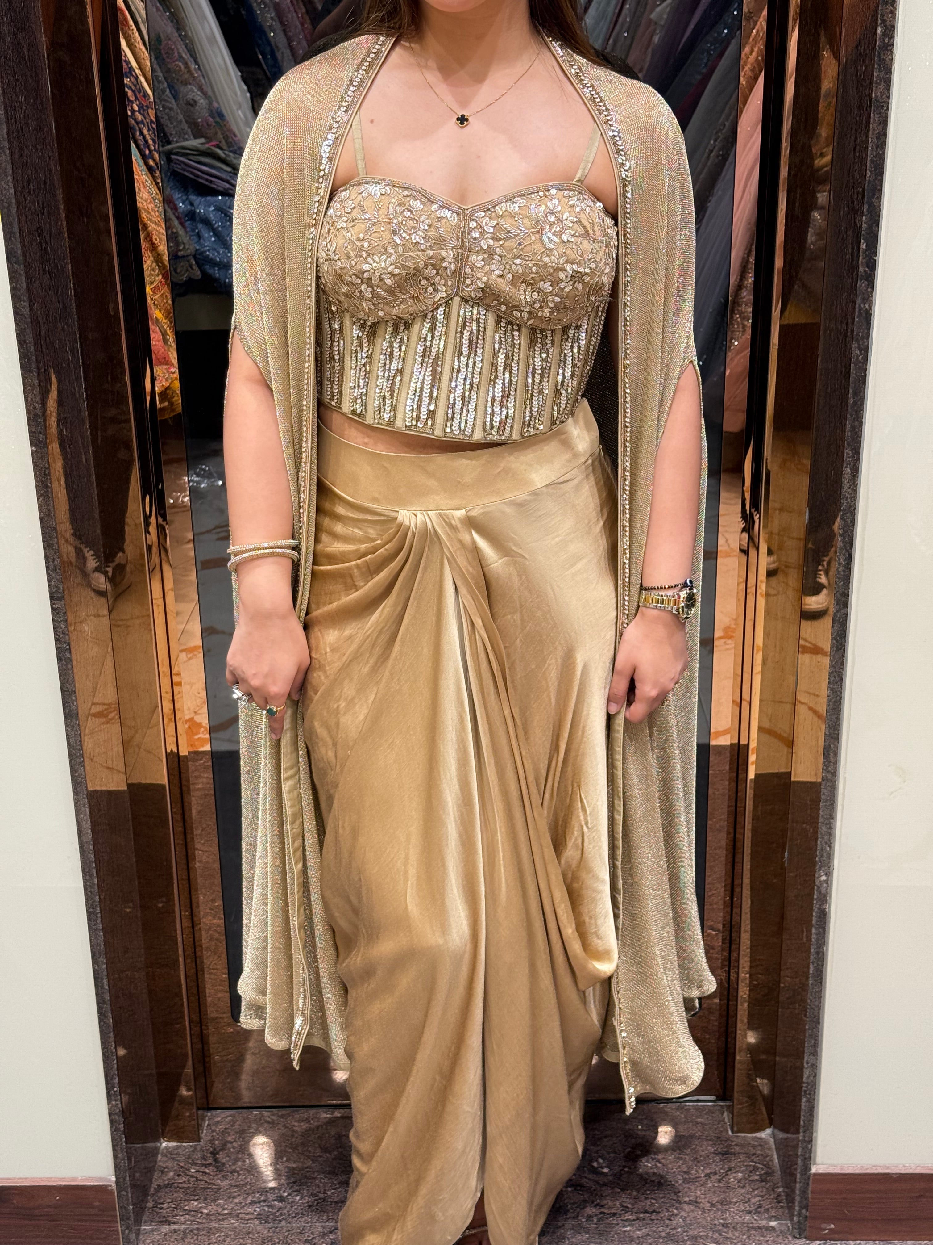 Gold Corset 3pc Drape Skirt & Cape Set