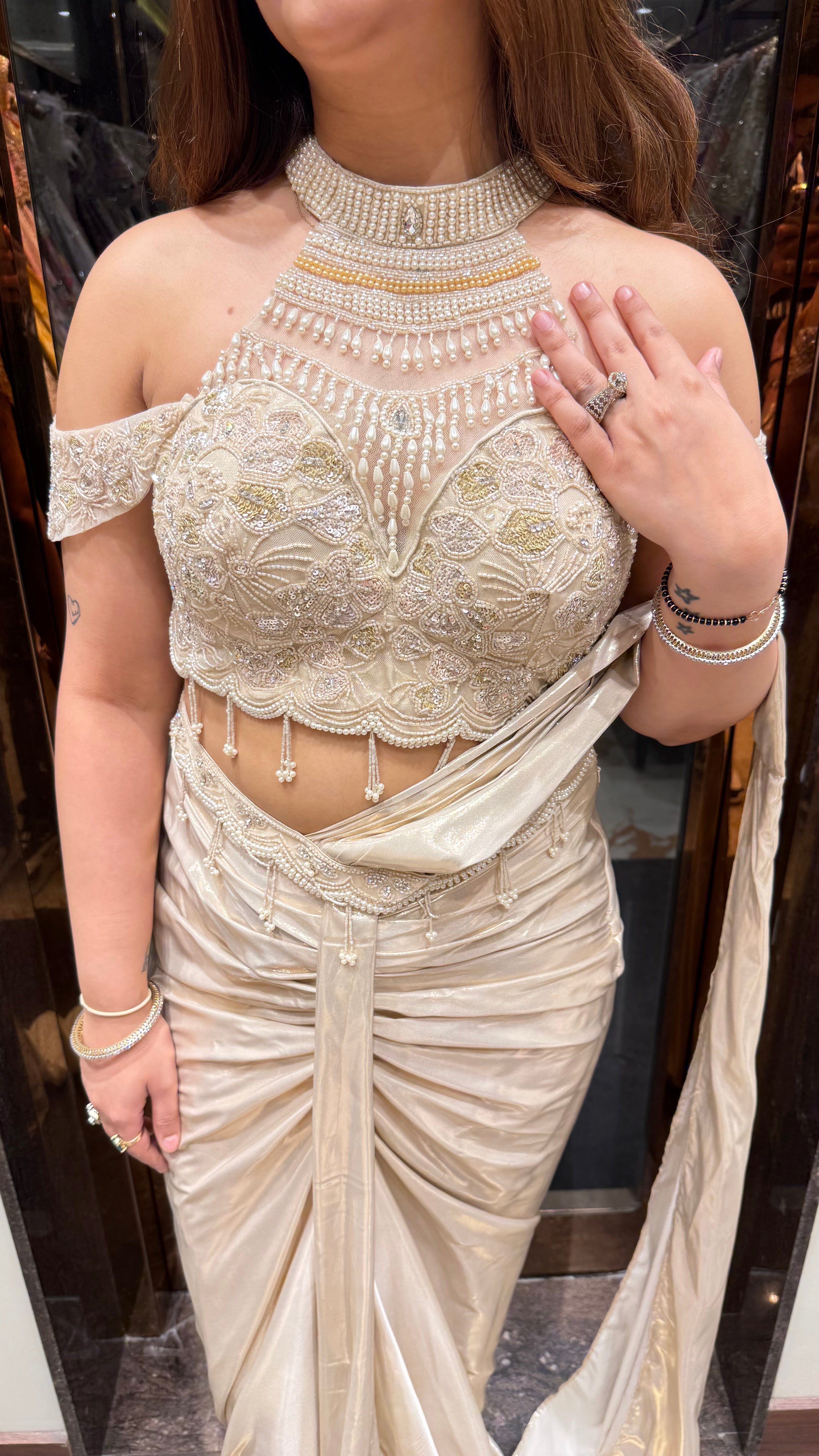 Ivory Cold Shoulder Metallic Drape Saree