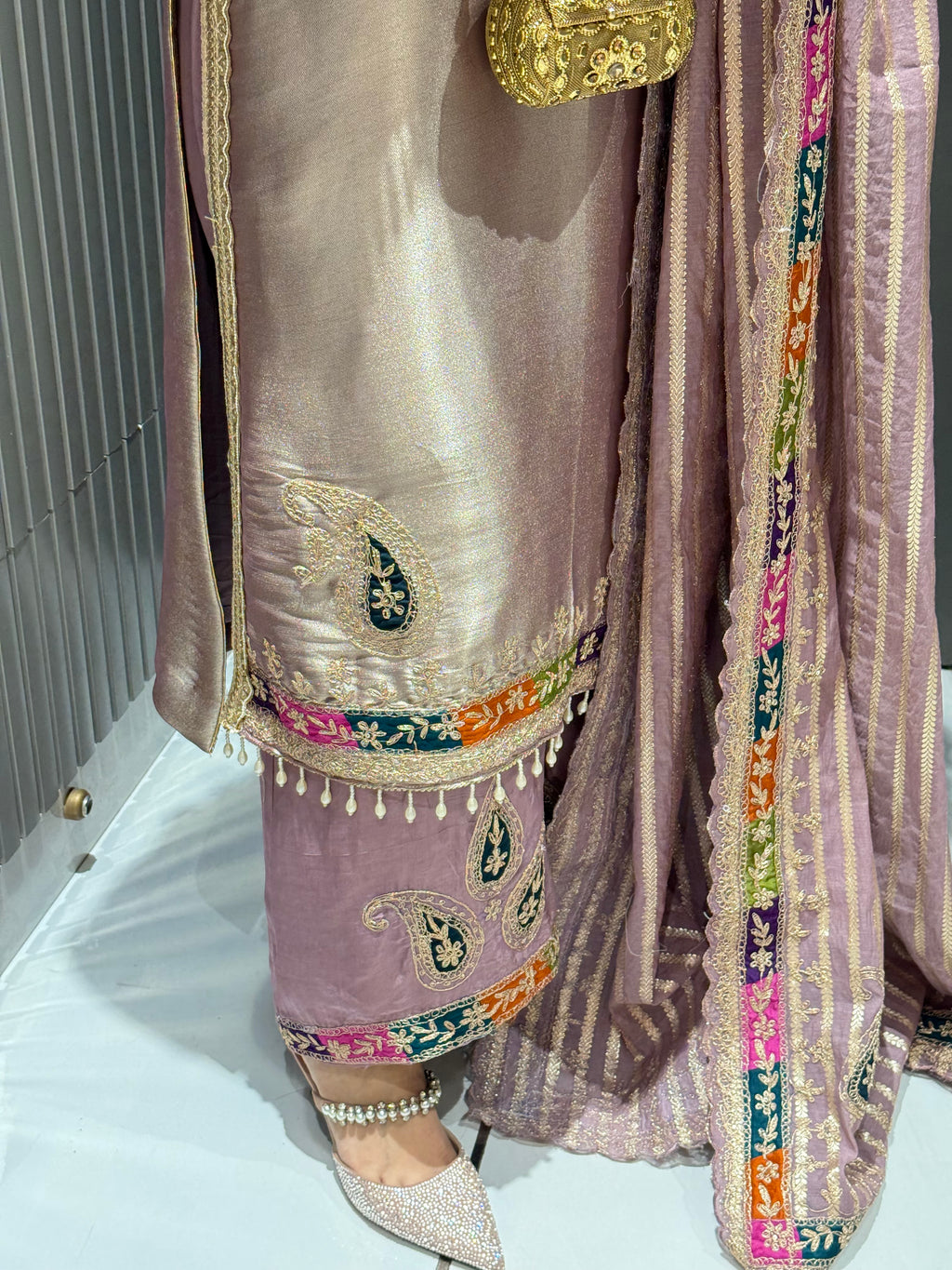 Designer Neckline Shimmer Tissue Unstitched Suit